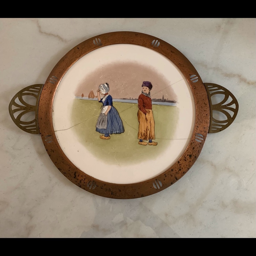 Charming porcelain and copper Dutch scene tray.
